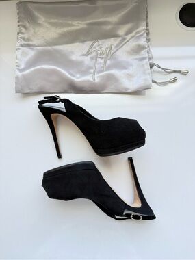 Giuseppe Zanotti Black Suede Peep-Toe Slingback Heels with Silver Buckles